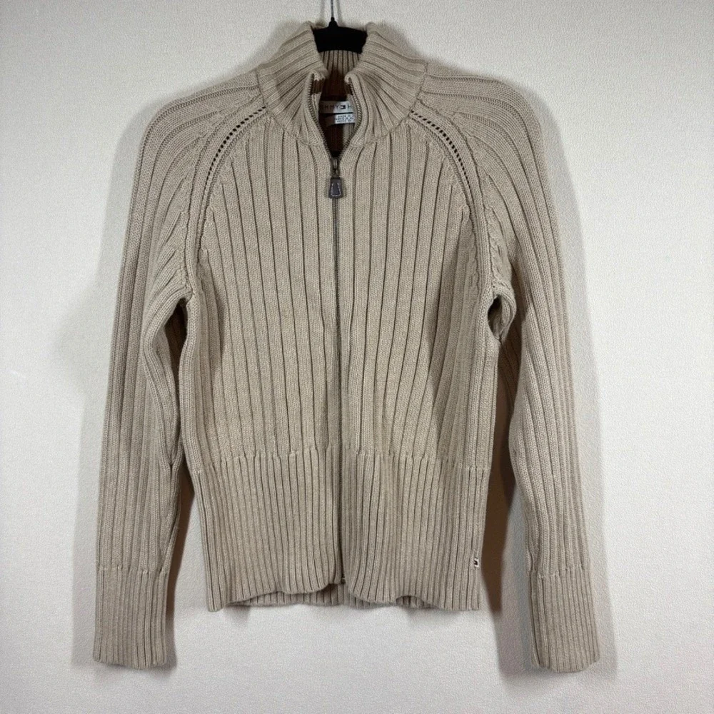 Vtg Tommy Hilfiger Womens Y2K Preppy‎ Rib Full Zip Cotton Sweater Lg Tan Acadmia